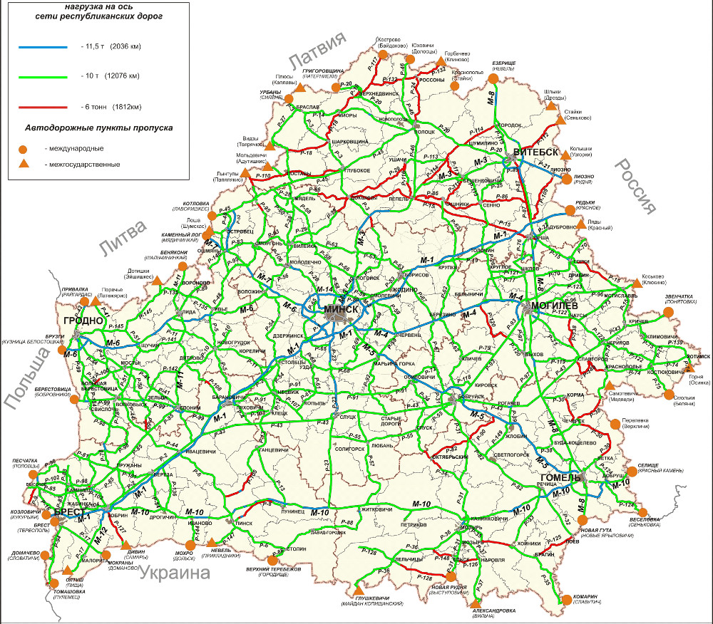 Карта несущей способности дорог Белоруссии